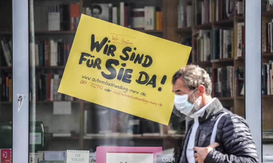A sign in the window of a closed Frankfurt bookstore on Wednesday, reading ‘We are here for you’