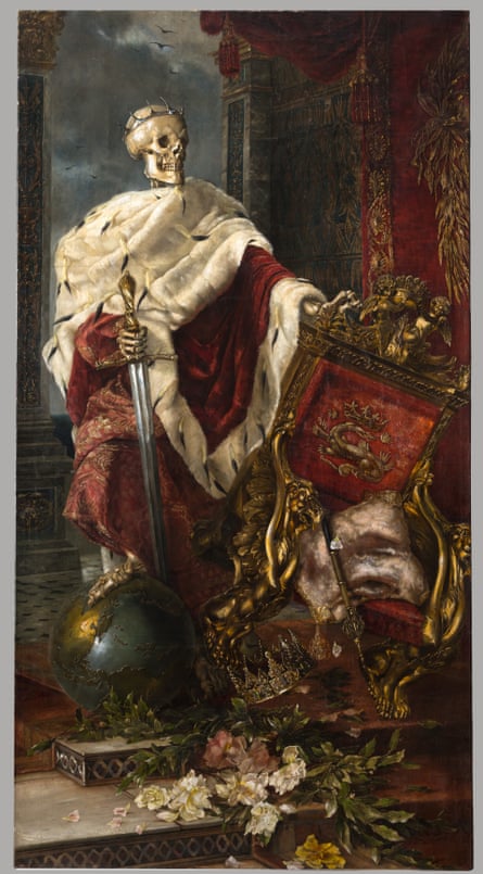 A painting of a skeleton wearing a cloak and crown, holding a sword as it tips a throne over