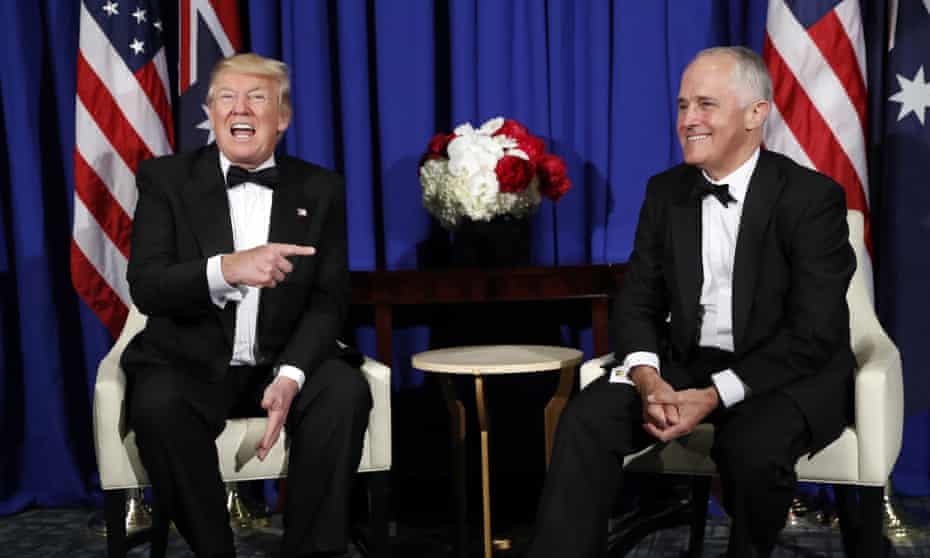 US President Donald Trump meets with Australian Prime Minister Malcolm Turnbull aboard the USS Intrepid, a decommissioned aircraft carrier docked in the Hudson River in New York on 4 May 2017.
