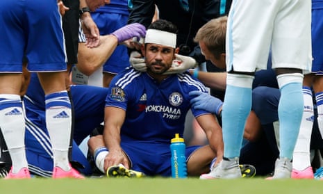 Diego Costa has his head bandaged after he was left dazed by a stray elbow from Fernandinho in Chelsea’s defeat at Manchester City.