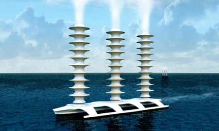 A conceptual Flettner ship, which would spray seawater into the air to enhance cloud reflectivity for marine cloud-brightening.