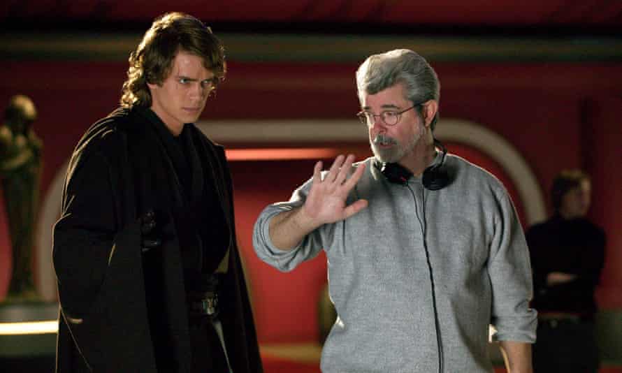 Hayden Christensen and George Lucas on the set of Revenge of the Sith in 2005