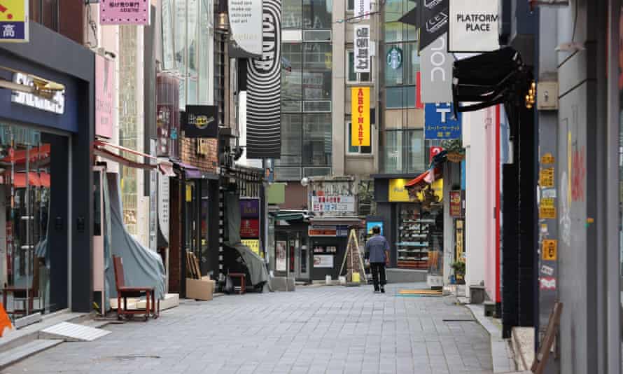 A view of the empty tourist hot spot of Myeongdong, after the government strengthened the social distancing level amid spiking Covid-19 cases, in Seoul, South Korea, 23 August 2020.