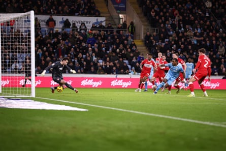 Haji Wright fires Coventry ahead during the first half
