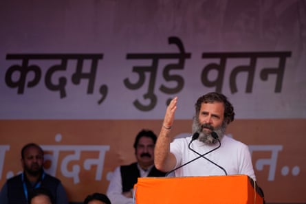 Rahul Gandhi speaks during a stop in Jammu.