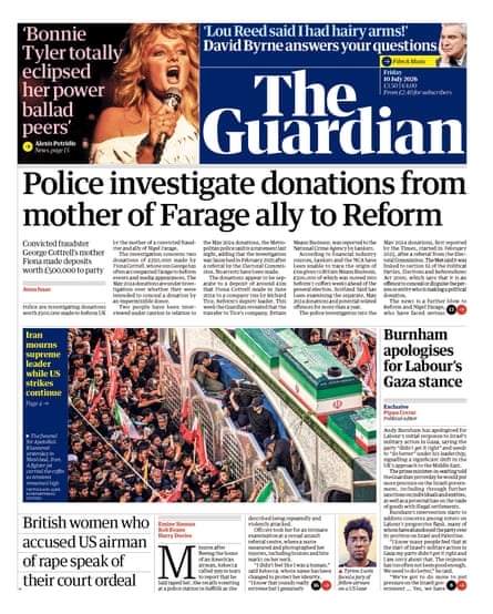 Front page of the Guardian 10 July 2026