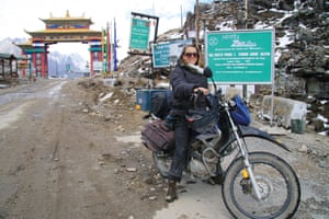 Antonia Bolingbroke-Kent sat on her motorbike in Tawang.
