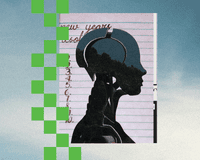 an illustration of the side profile humanoid figure against a numbered list of new years goals on a sheet of paper