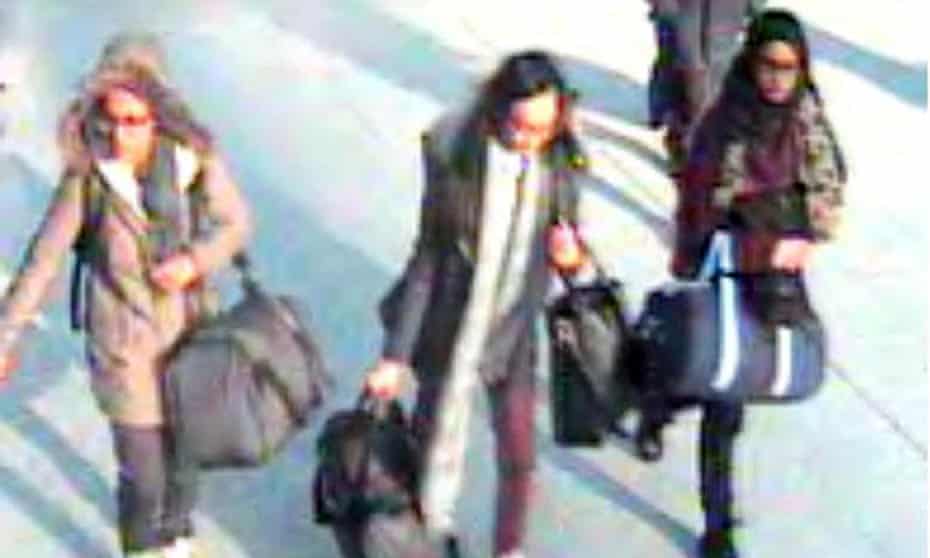 CCTV image of the three missing schoolgirls at Gatwick airport before they caught their flight to Turkey. 