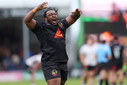 Exeter’s Joseph Dweba shows his delight after beating Saracens