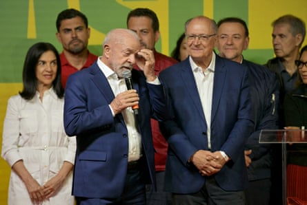 Lula speaks to supporters following the partial results of the presidential election.