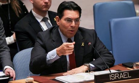 Permanent Representative of Israel to the UN, Danny Danon, speaks during a meeting of the United Nations Security Council at UN headquarters in New York