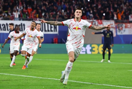 RB Leipzig’s Benjamin Sesko celebrates after scoring