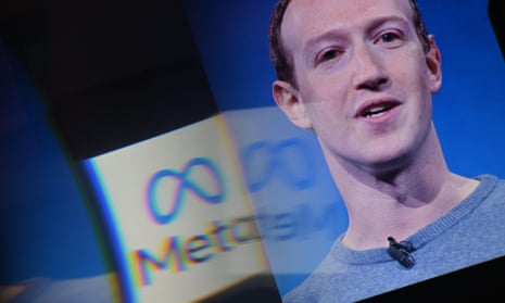 Mark Zuckerberg's face over the Meta logo.