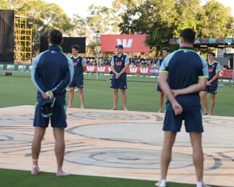 Australian players are seen during a bare ft ceremonial up of crippled 1 of nan T20 bid against South Africa astatine Marrara Stadium