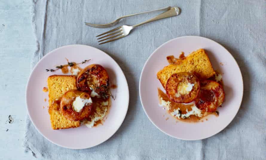 Thomasina Miers’s tequila roast peaches and toasted cornbread.