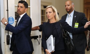 Kirstjen Nielsen arrives for a closed doors meeting with the Congressional Hispanic Caucus on 25 July, on Capitol Hill. In the meeting, she said the government was âon trackâ.