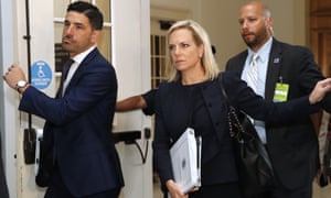 Kirstjen Nielsen arrives for a closed doors meeting with the Congressional Hispanic Caucus on 25 July, on Capitol Hill. In the meeting, she said the government was â€˜on trackâ€™. 