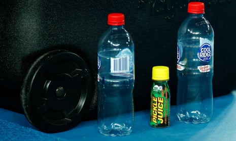 Pickle Juice is one of Medvedev’s refreshments on his bench.