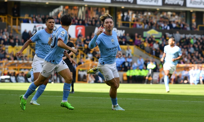 Wolves v Manchester City: Premier League – live | Premier League 4 Jack Grealish celebrates after opening the scoring in the West Midlands.