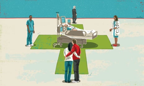 Illustration, of health professionals and loved ones contemplating dying patient,  by Eva Bee