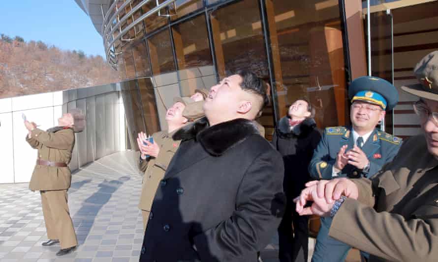 North Korean leader Kim Jong-un watches the rocket launch.