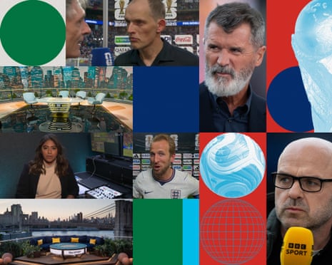 ITV v BBC composite image featuring Gabriel Clarke talking to Thomas Tuchel, Roy Keane, Christina Unkel, Harry Kane, Danny Murphy and the studios