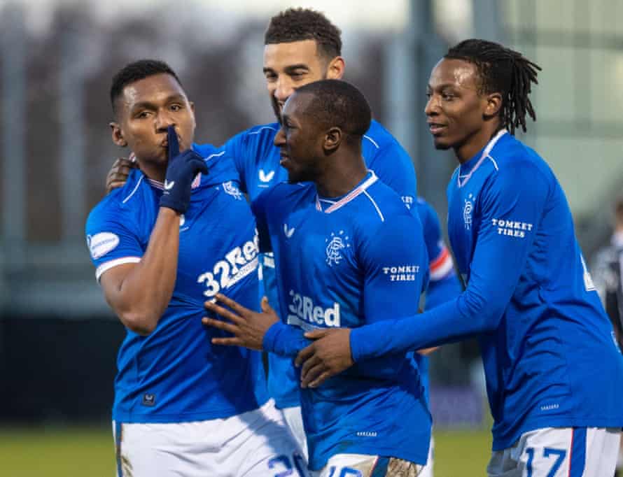 Alfredo Morelos celebrates with teammates after scoring in the win at St Mirren.