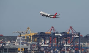 A Qantas plane takes off from Kingsford Smith International Airport in Sydney.