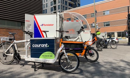 Cargo bikes from companies Purolator and Courant participating in Colibri, Montreal’s eco-friendly urban delivery project.