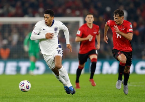 Jude Bellingham runs at the Albanian defence.