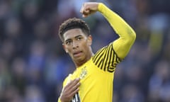 Dortmund's Jude Bellingham celebrates scoring during the Bundesliga soccer match between Arminia Bielefeld and Borussia Dortmund at Schuco Arena, Bielefeld, Germany, Saturday Oct. 23, 2021. (Friso Gentsch/dpa via AP)