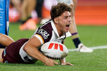 Reece Walsh scores a try for Brisbane Broncos in their NRL grand final victory over Melbourne Storm at Accor Stadium