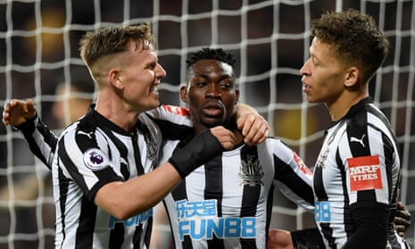 Christian Atsu celebrates scoring what proved Newcastle’s winner against West Ham with Matt Ritchie and Dwight Gayle