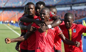 Ugandaâs Patrick Kaddu celebrates scoring their first goal with teammates.