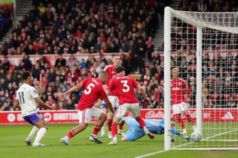 Murillo of Nottingham Forest scores an own goal to give Aston Villa the lead.