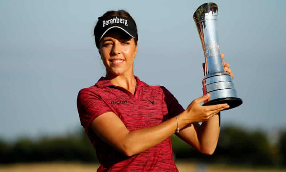 Georgia Hall lifts the Ricoh Women’s British Open trophy after landing her first major at Royal Lytham.