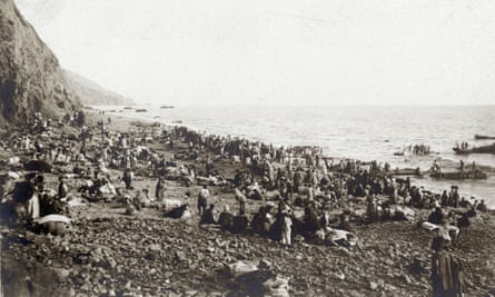 Armenian refugees waiting on a beach in 1915 for evacuation to Egypt by French and British warships. September 1915.