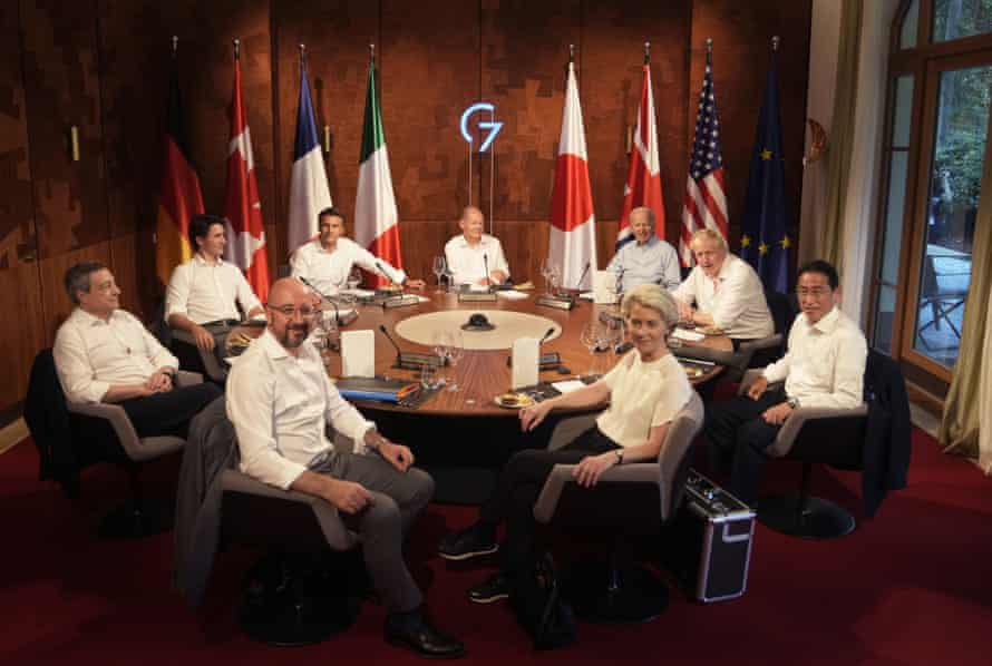 G7 leaders having dinner at Castle Elmau in Kruen, near Garmisch-Partenkirchen, Germany, last night.Clockwise from front left: European Council President Charles Michel, Italy’s Prime Minister Mario Draghi, Canada’s Prime Minister Justin Trudeau, French President Emmanuel Macron, German Chancellor Olaf Scholz, US President Joe Biden, British Prime Minister Boris Johnson, Japan’s Prime Minister Fumio Kishida and European Commission President Ursula von der Leyen.