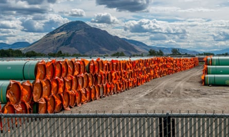Steel pipe for Canadian government’s Trans Mountain expansion project a stockpile site in Kamloops, British Columbia, in June 2019.