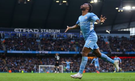 Raheem Sterling of Manchester City celebrates after scoring.