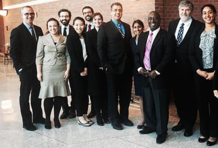 Swapna Reddy, fourth from right, with Mike Wishnie, left, and other clinic students after a recent court hearing.