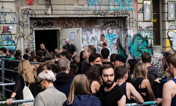 Clubbers queuing outside infamous Berghain nightclub on a Sunday afternoon in Berlin.