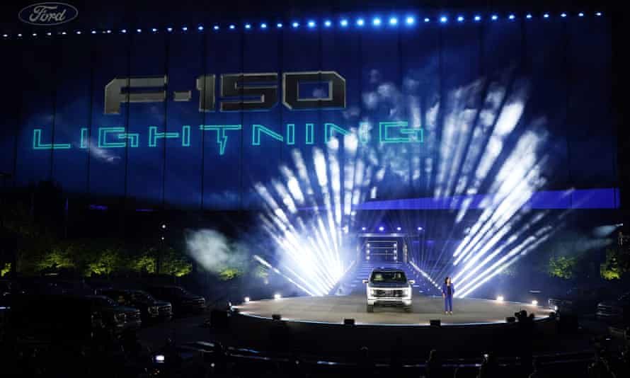 Ford’s chief executive engineer Linda Zhang unveils the Ford F-150 Lightning in Dearborn on Wednesday.