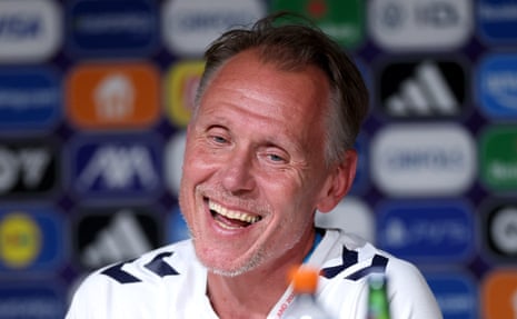 Denmark head coach Andree Jeglertz speaks to the media during his pre-match press conference.