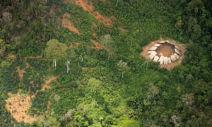 Aerial view of a village in the Yanomami indigenous territory in the north of Brazil, close to the Venezuelan border