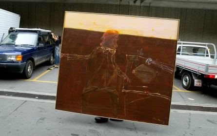John Olsen’s Archibald prize-winning self-portrait, Janus Faced, arrives at the Art Gallery of New South Wales in 2005.