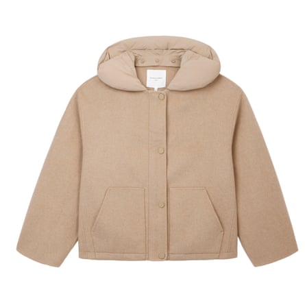 A beige, hooded bomber jacket