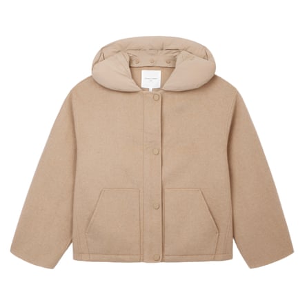 A beige hooded bomber jacket on a white background