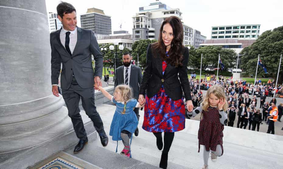 Prime Minister Jacinda Ardern, her nieces and partner Clarke Gayford arrive at Parliament after a swearing-in ceremony at Government House in Wellington, New Zealand. 